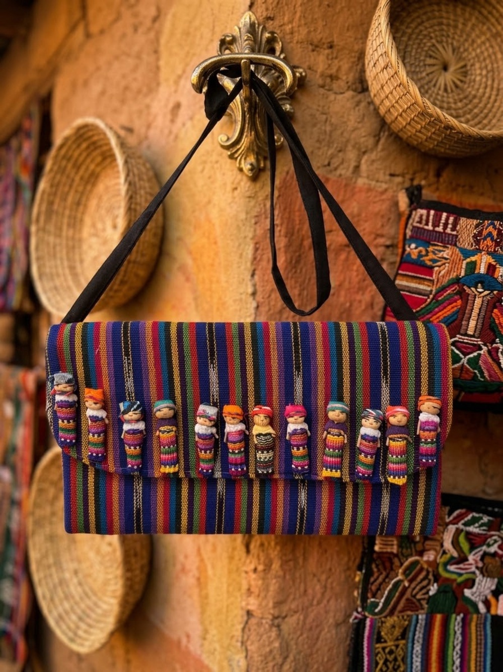Handmade Guatemalan Worry Doll Crossbody Bag Woven Folk Art Clutch Zip NWOT